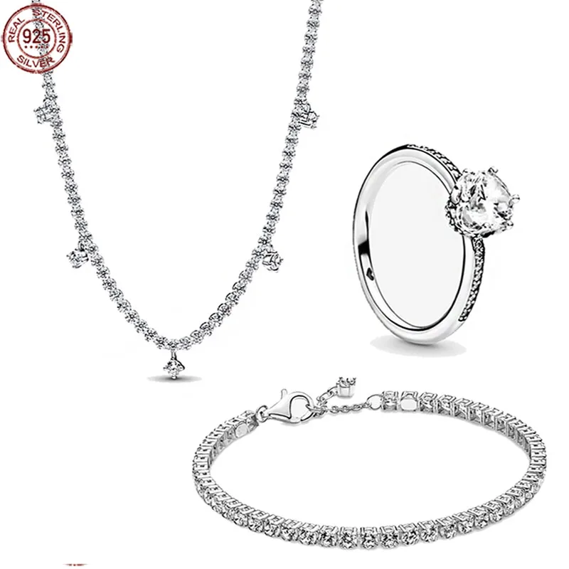 

Bestselling 925 Sterling Silver Classic Zircon Jewelry Set Exquisite Necklace Bracelet Ring Girlfriend Friend Jewelry Gift