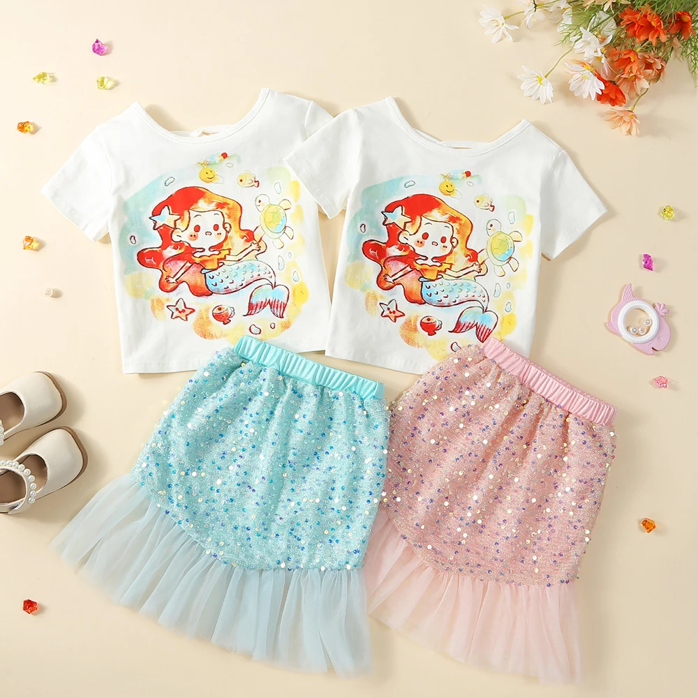 

2PCS T-shirt Dress for Kids Girl Summer Disney Princess Mermaid Ariel Shiny Sequins Skirt Casual Cartoon Printed Set Children