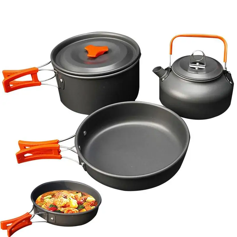 

Camping Cookware Metal Anti Scald Stackable Backpacking Cookware Outdoor Hiking Picnic Pot Pan Set For 2-3 People Slip Resistant