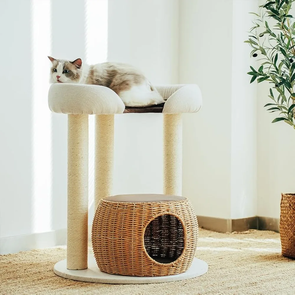 

28.7" Cat Tree Rattan Weaving Cats Tower Condo With Sisal Scratching Posts Board Luxury Cozy House Indoor Freight free