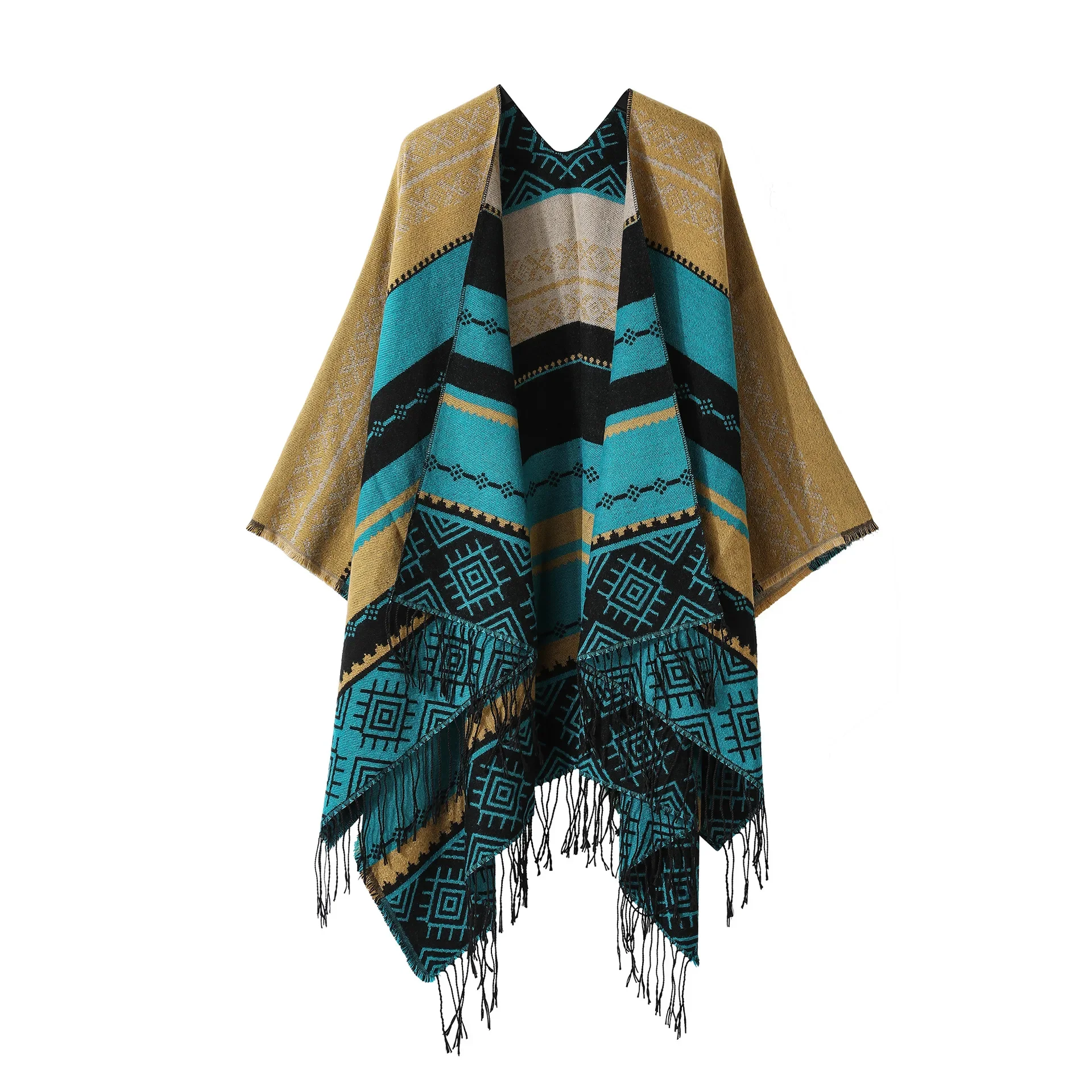 

Poncho Bohemian Geometric Tassel Split Shawl Cape Travel Scarf Double-sided Cloak Imitation Cashmere Women Coat Yellow