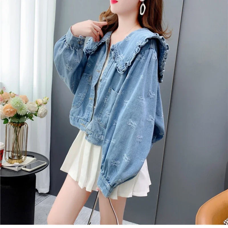 New Jean Jacket for Women Doll Collar Coats Short Tops Korean Fashion Y2k Clothing Cardigan Designers
New Jean Jacket for Women Doll Collar Coats Short Tops Korean Fashion Y2k Clothing Cardigan Designers
