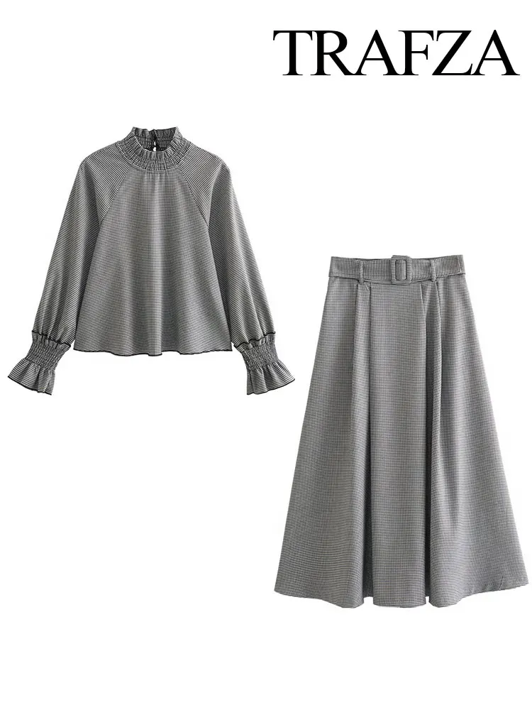 

TRAFZA 2024 Spring Women Fashion Sets Trend Gingham Long Sleeves Loose Blouses + Pleats Casual Vintage Elegant Female Skirt