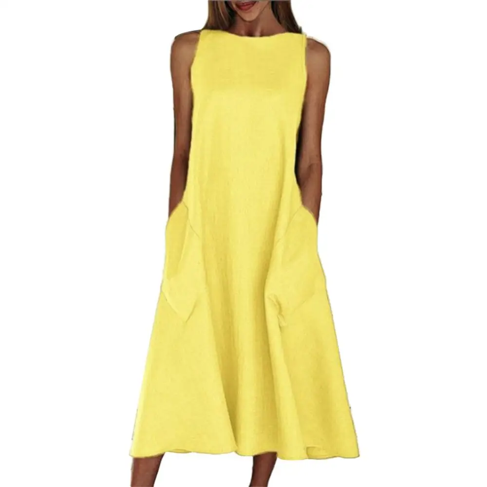 Summer Vintage Dress Women Sleeveless Solid Color O Neck Pockets Large Hem Casual Long Loose Dress Yellow 
Summer Vintage Dress Women Sleeveless Solid Color O Neck Pockets Large Hem Casual Long Loose Dress Yellow