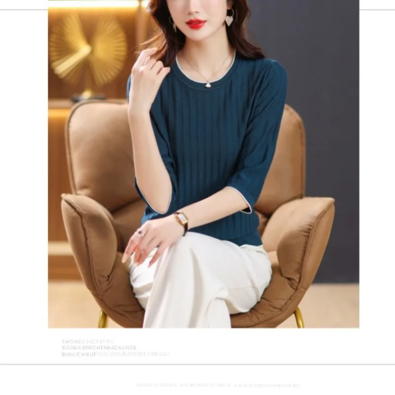 

Women's Spring and Autumn 2024 Pullover Round Neck New Spliced Ice Silk Knitted Screw Thread Fashion Solid Color 3/4 Sleeve Top