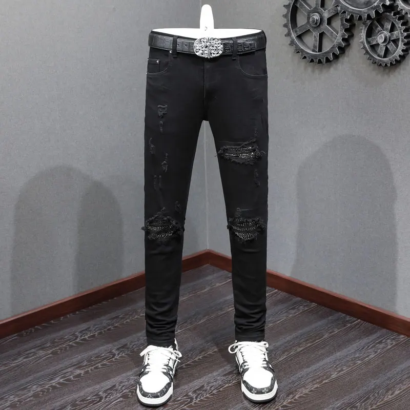 

Street Fashion Men Jeans Black Stretch Punk Trousers Skinny Fit Ripped Jeans Beading Patched Designer Hip Hop Brand Pants Men