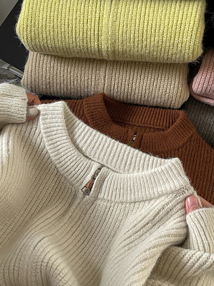

Женские толстые теплые свитера, топы, осенне-зимний однотонный Повседневный свободный свитер на двойной молнии, женские вязаные кардиганы, пальто