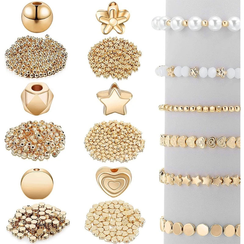 

Spacer Beads Acrylic Round Golden Beads Round Beads Set Golden White Golden Heart Star Flower Beads