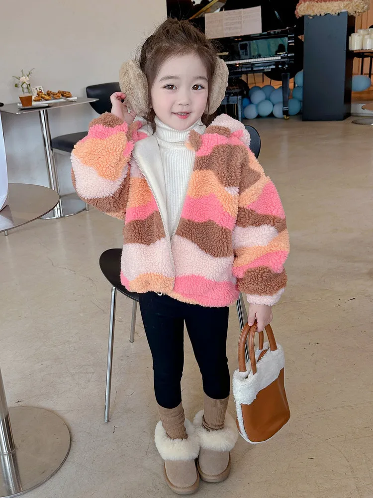 

Baby Girl Fleece-Lined Thickened Rabbit Ears Plush Coat Jacket Autumn and Winter Little Girl Cartoon Cute Hooded Top Fashion