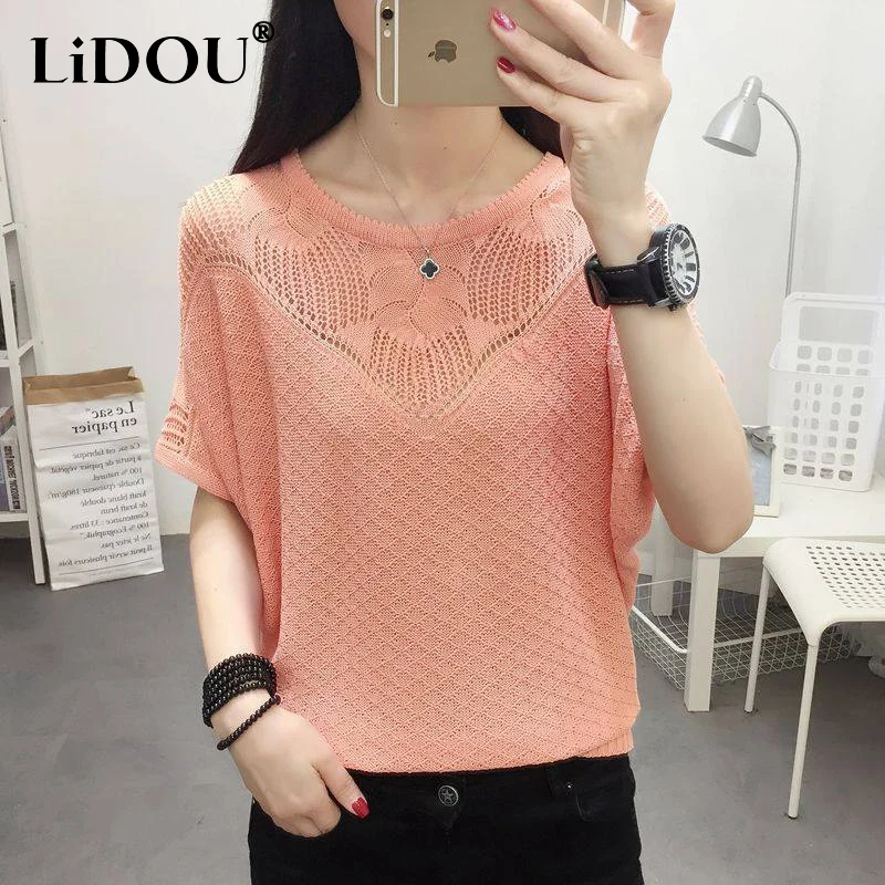 Summer Korean Style Solid Color Ice Silk Fabric Tops 2023 Women Casual Hollow Out Short Sleeve Lace Thin Style Knitting T-shirt
Summer Korean Style Solid Color Ice Silk Fabric Tops 2023 Women Casual Hollow Out Short Sleeve Lace Thin Style Knitting T-shirt