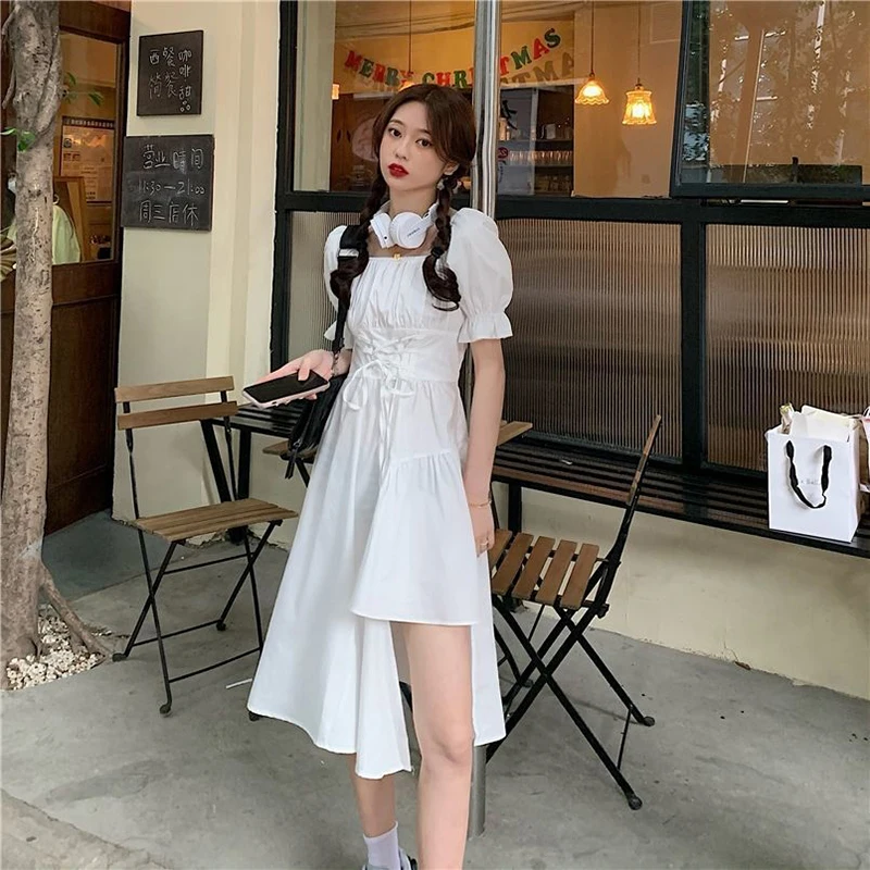 Zoki Preppy Style Lace Up Women Midi Dress Y2K Summer Korean Vintage Harajuku Elegant A Line Dresses Puff Sleeve Irregular Dress
Zoki Preppy Style Lace Up Women Midi Dress Y2K Summer Korean Vintage Harajuku Elegant A Line Dresses Puff Sleeve Irregular Dress