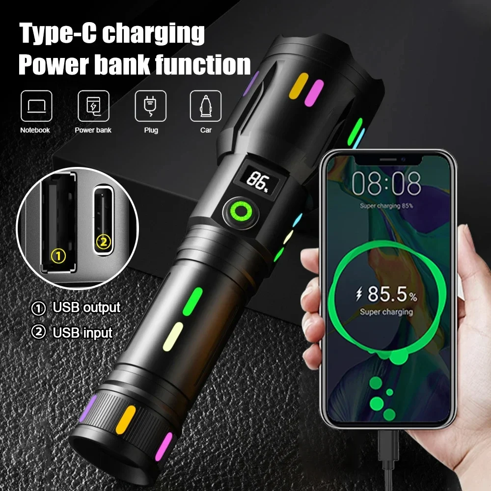 

White Laser Flashlight TYPE-C Rechargeable Camping Torch Military Tactical Zoomable Search Spotlight Portable LED Flashlights