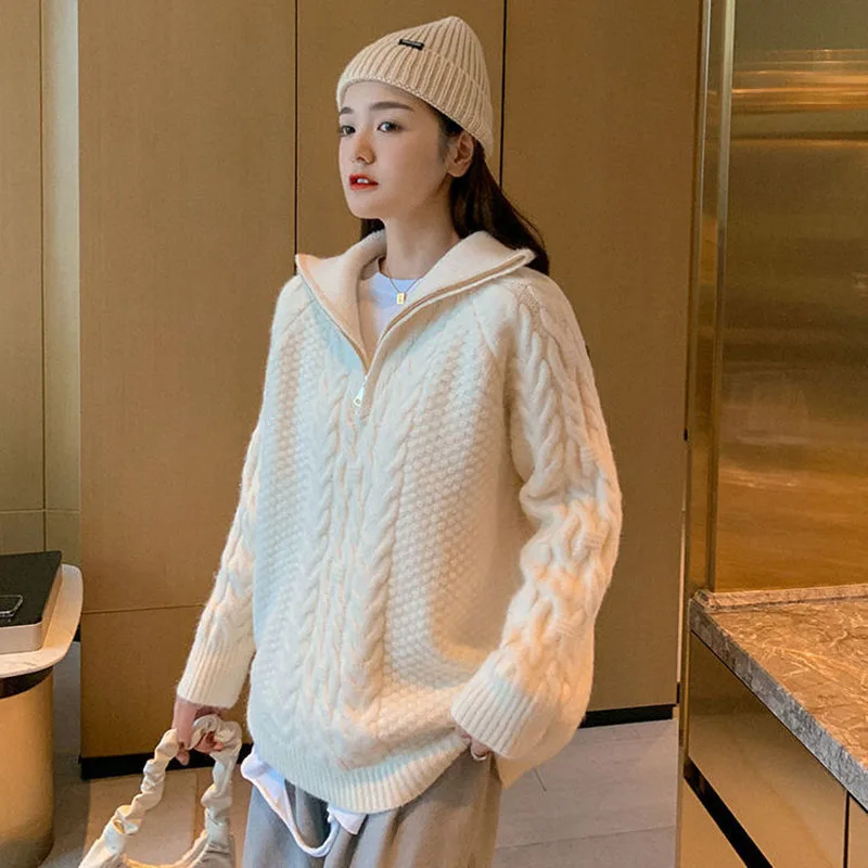 2023 New Autumn Winter Knit Women Sweater High Neck Zipper Thicken Warm Sweater Casual Loose Striped Female Pullover Sweater
2023 New Autumn Winter Knit Women Sweater High Neck Zipper Thicken Warm Sweater Casual Loose Striped Female Pullover Sweater