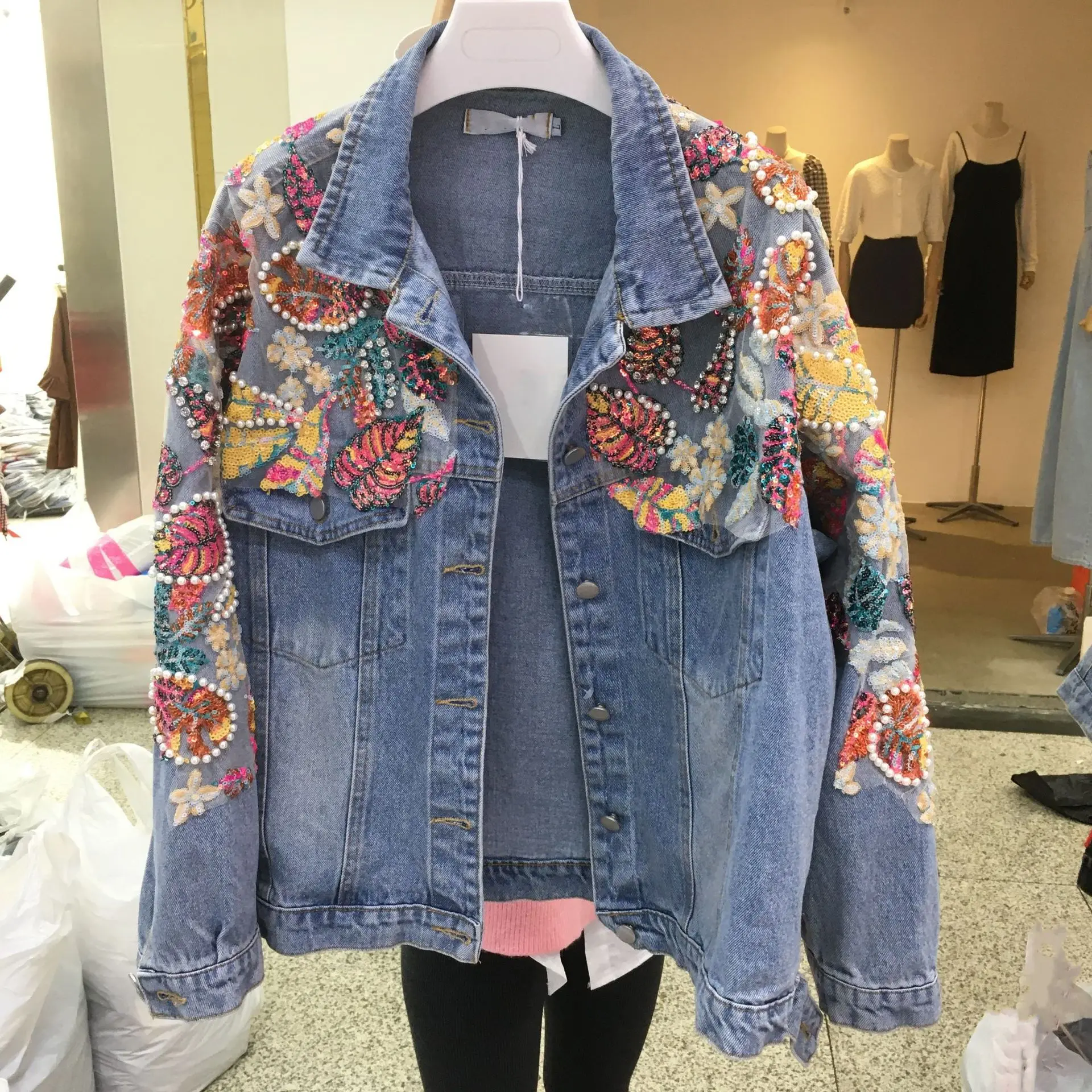 

Spring new heavy industry studded with diamonds nail beads color sequins loose thin denim coat blouse woman