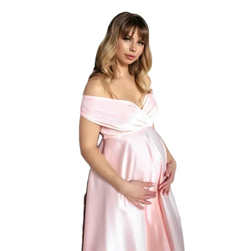 

Baby Showers Silk Maternity Photo Shoot Dresses Long Party Evening Pregnancy Maxi Gown Photography Props for Pregnant Women