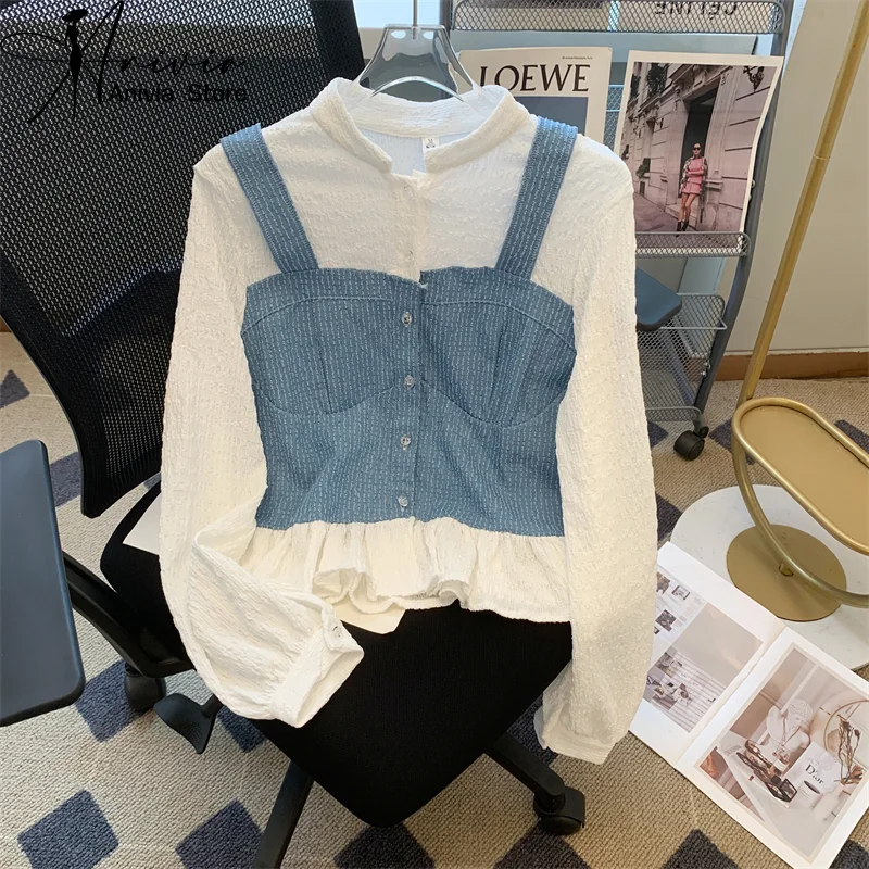 

New Women's Spring Autumn French Fake Two Piece Shirts Cute and Casual Y2K Design Feel Bubble Sleeves Denim Spliced Chiffon Top