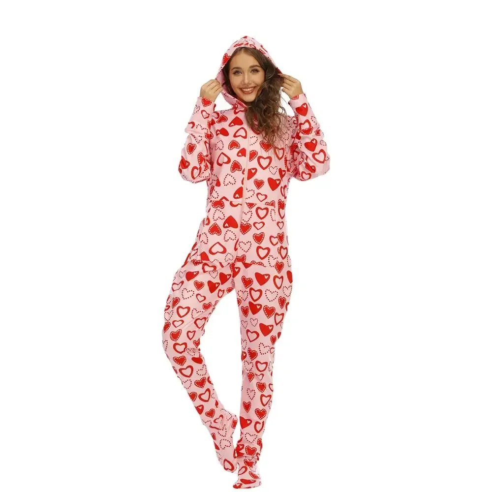 

Women Pajamas Polar Fleece Jumpsuit Zipper Hooded Onesie Sleepwear Love Print Nightgown Pink Red With Foot Cover Rompers Pyjamas