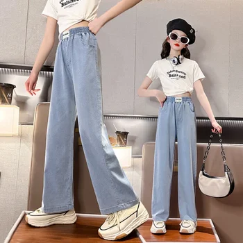Girls' Clothing Summer Tencel Wide-Leg Pants Children's Loose Straight Labeling Trousers Casual All-Match Breathable Bottoms6-15