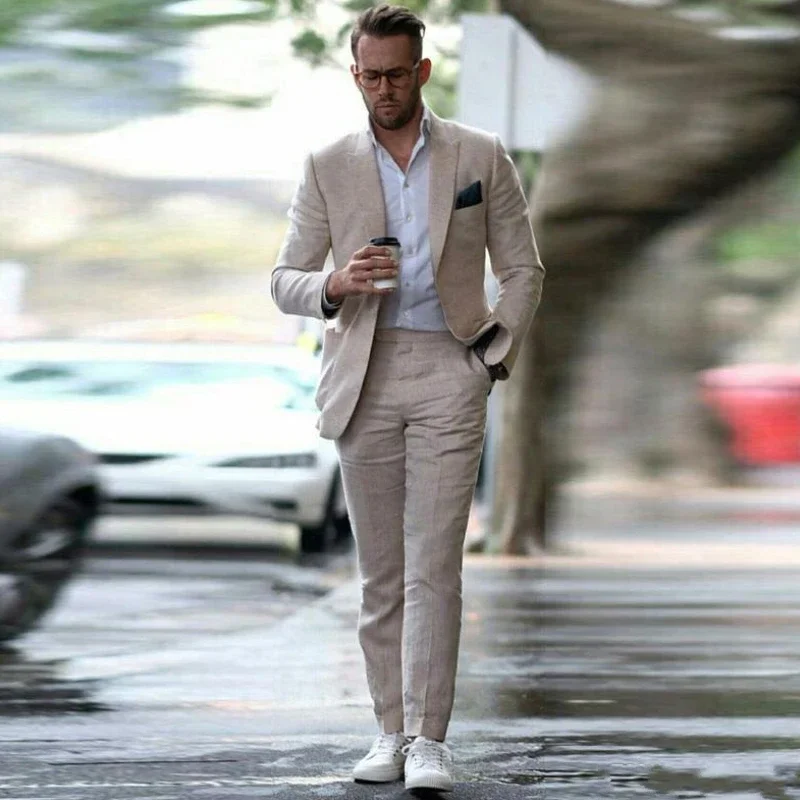 

Linen Beach Wedding Suits For Men Slim Fit Summer Groom Tuxedos Peaked Lapel Bridegroom Suit Jacket With Pants Best Man Blazer