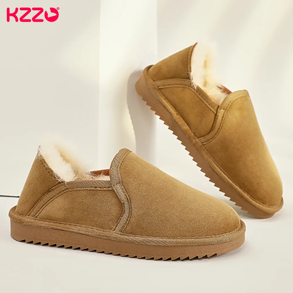 

KZZO New Women Sheepskin Leather Mini Snow Boots Australia Natural Wool Fur Lined Short Ankle Winter Warm Lazy Shoes Non-slip