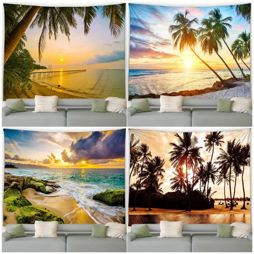 

Dusk Ocean Landscape Tapestry Beach Coconut Trees Sunset Nature Scenery Garden Wall Hanging Home Living Room Decor Tablecloths