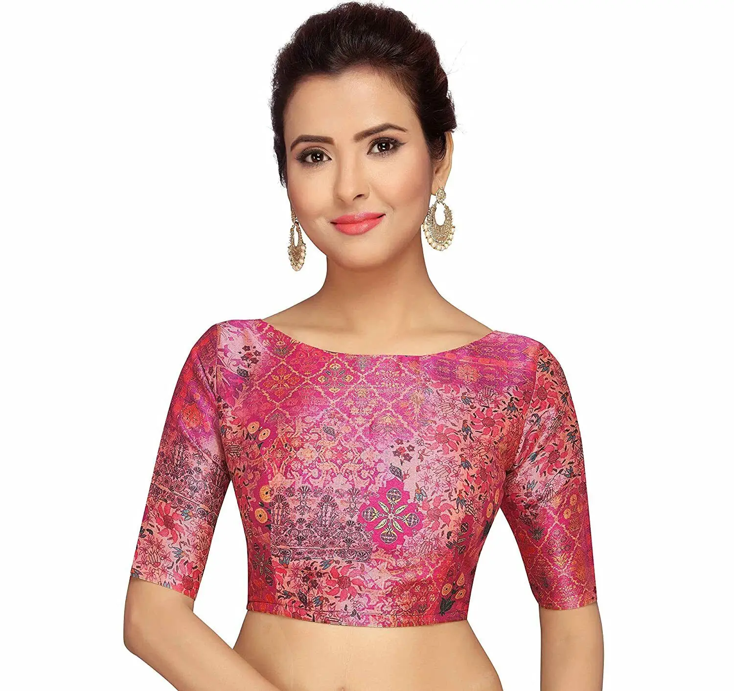 

New Pink Abstract Print Readymade Saree Blouse with Elbow Length Sleeves