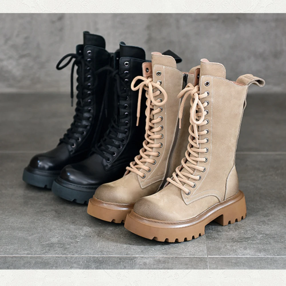 

2024 New Ladies Autumn Winter British Style Lace Up Martin Boots Fashion Trend Platform Women's Mid-calf Boots