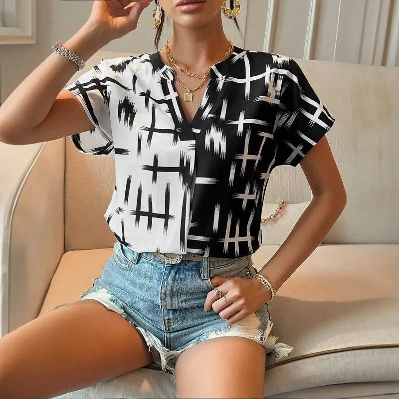 

2024 Spring/Summer Women's Casual Contrast Short Sleeve Top Temperament Commuting Female Fashion New Retro Tie Dye Slim T-shirt