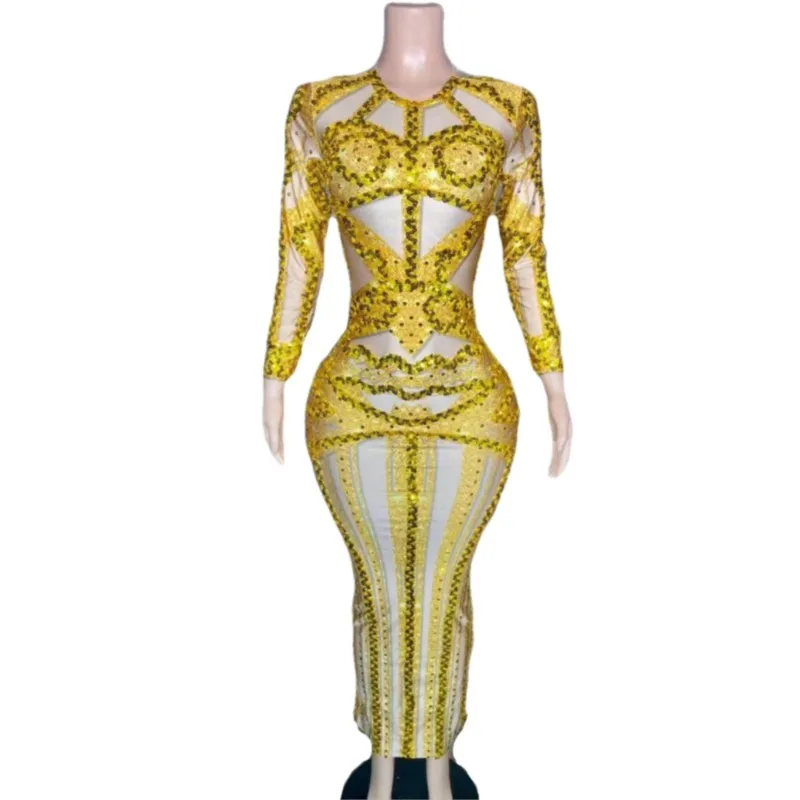 

Gold Sequin Strip Long Dress Host Car Model Runway Show Party Banquet Nightclub Singer Performance Dresses