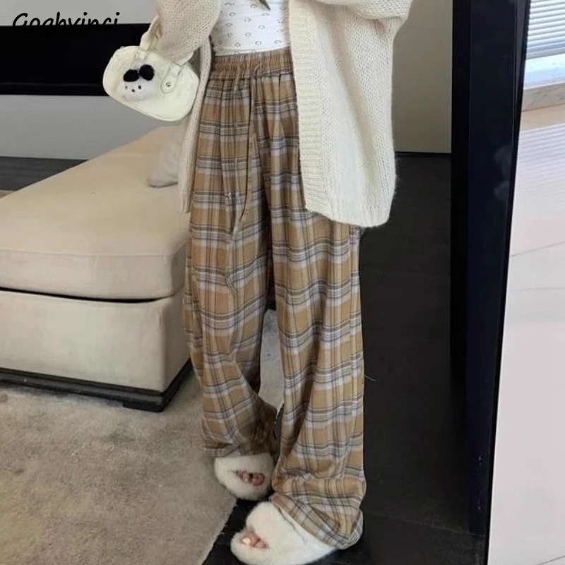 

Wide Leg Pants Women Plaid Vintage Baggy Casual American Style High Waist Personality Teens Autumn Streetwear Temper Trousers