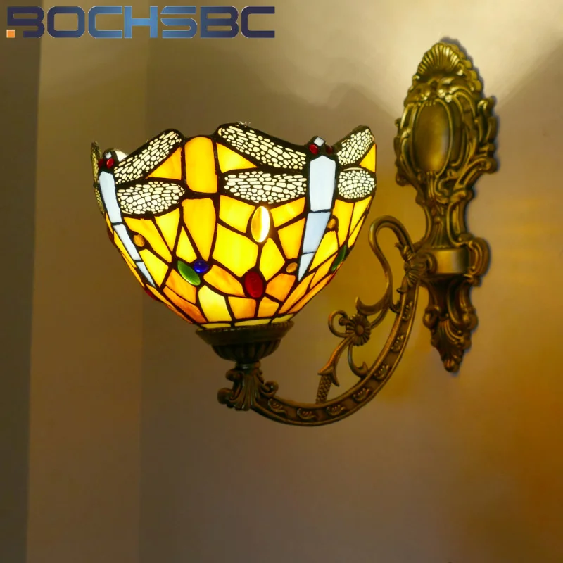 

BOCHSBC Tiffany style Dragonfly stained glass retro wall lamp for decor lamp Bedroom bedside lamp living room hallway LED light
