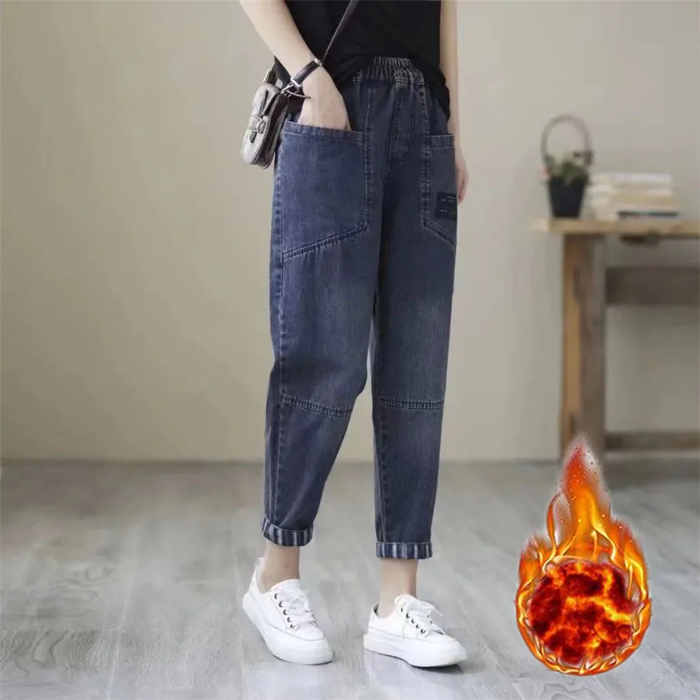 

Vintage Winter Thicken Warm Elastic High Waist Baggy Jeans Women Casual Wide Leg Jogger Denim Pants Vaqueros Pantalones Trousers