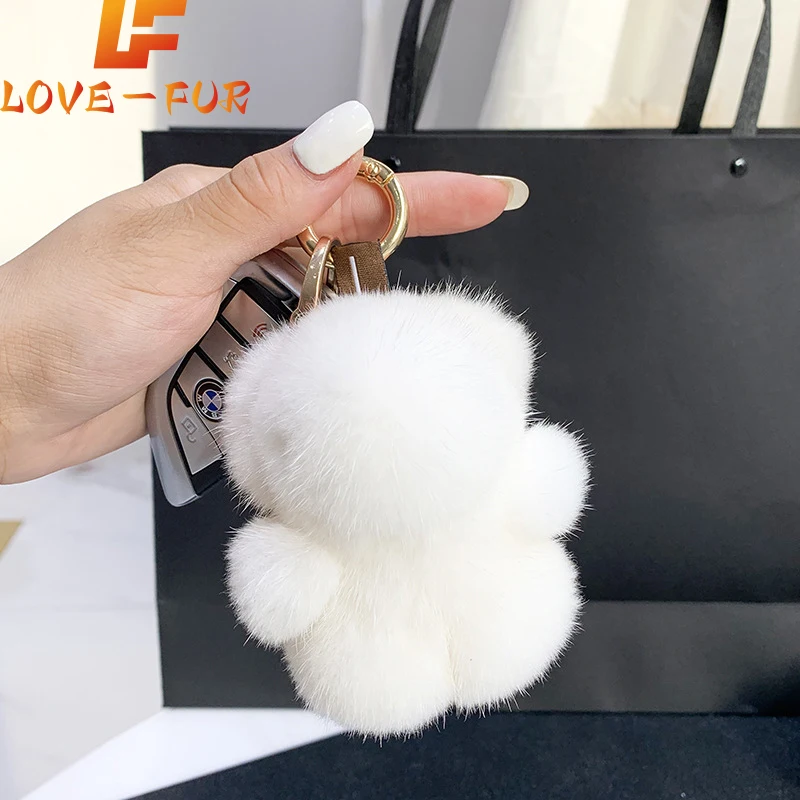 

Women Bag Charm Trinkets Car Metal Key Rings Rear View Mirror Ornaments Cute Real Mink Fur Keychain Plush Panda Pendant Kids Toy