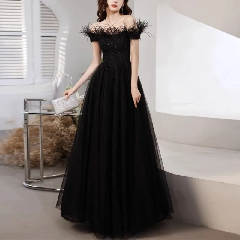 

Luxury Feather Black Formal Evening Dresses Women Elegant Boat Neck Party Maxi Dress Sweet Sparkle Prom Gown Vestidos De Noche