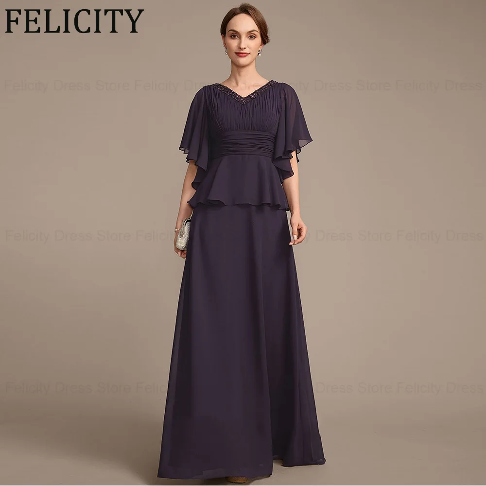 

FELICITY Elegant Chiffon Mother of the Bride Dress A-line V-Neck Wedding Guest Party Dresses Pleated Beading Long Evening Gowns