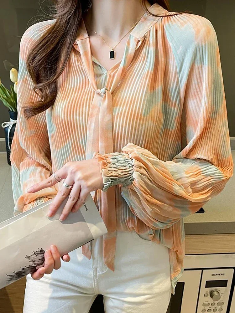 Pleated Orange Chiffon Shirt Women Fairy 2022 Spring Summer Bow Tie Lace Up Long Lantern Sleeve Loose Cozy Shirt Women E17
Pleated Orange Chiffon Shirt Women Fairy 2022 Spring Summer Bow Tie Lace Up Long Lantern Sleeve Loose Cozy Shirt Women E17