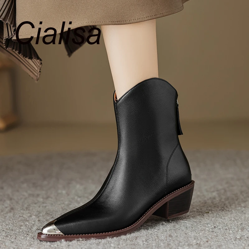 

Женские дизайнерские ботинки Cialisa, коричневые ботильоны из натуральной кожи на молнии, с острым носком, на среднем каблуке, на осень-зиму, 40
