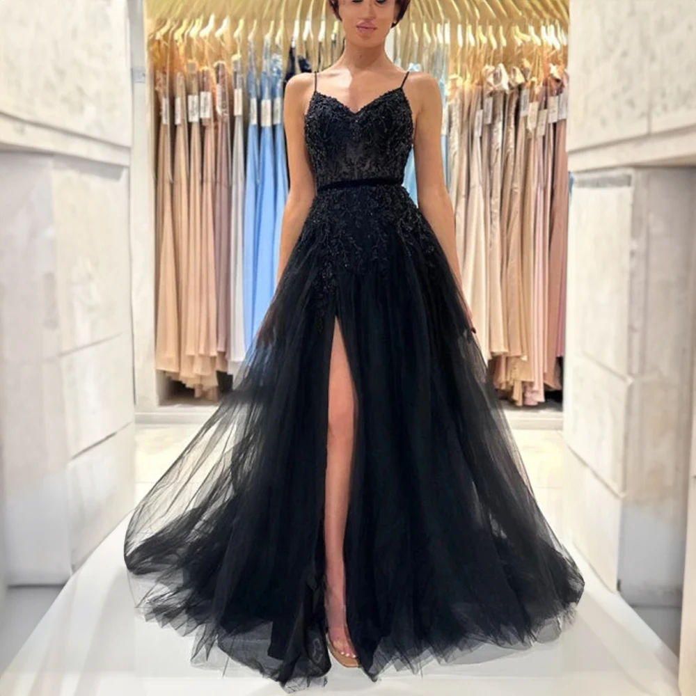 

Elegant Black Spaghetti Straps V-neck Lace Tulle Prom Dress for Women A-line Side Slit Court Prom Party Gown vestidos de festa