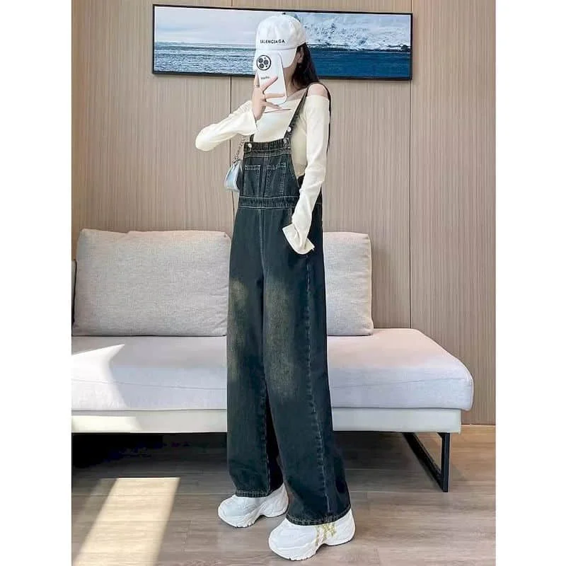 

Denim Jumpsuits for Women American Style High Waisted Rompers Workwear Full Length Vintage Playsuits Straight Wide Leg Pants