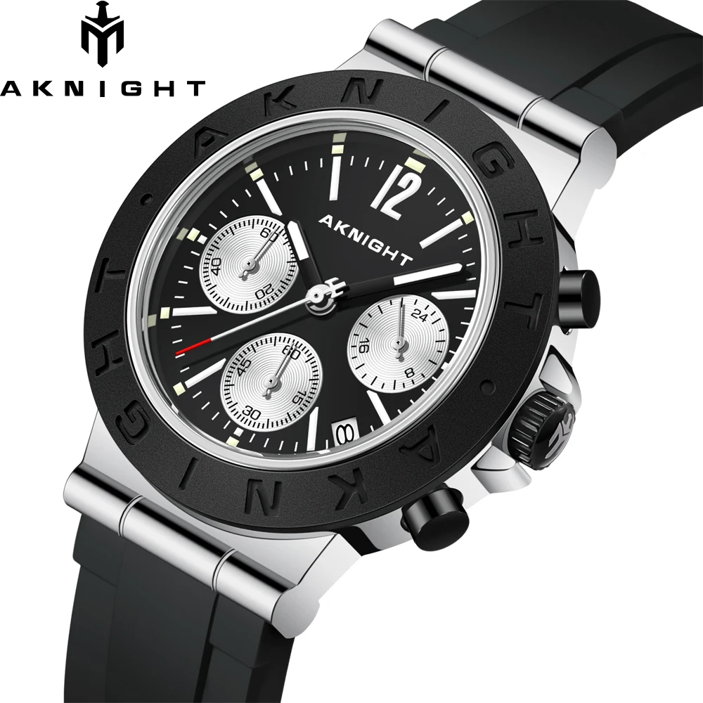 

AKNIGHT New Sport Watch for Man Black Silicone Strap Quartz Movement 5ATM Waterproof Waches with Date Chronograph Clock Relogio