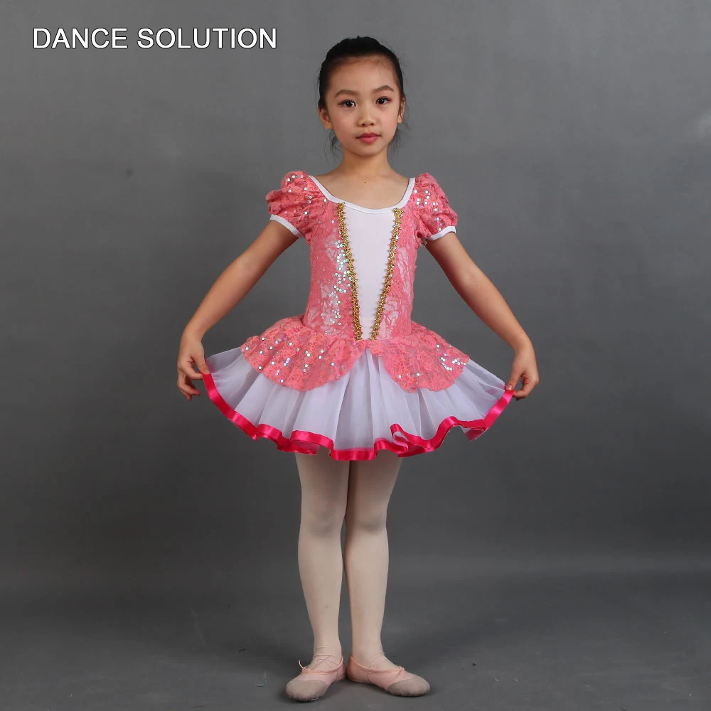 

Кружевной лиф с коротким рукавом и блестками, розово-красная романтичная юбка-пачка для девочек, детские костюмы для выступлений балерины, танцевальная одежда, 20505