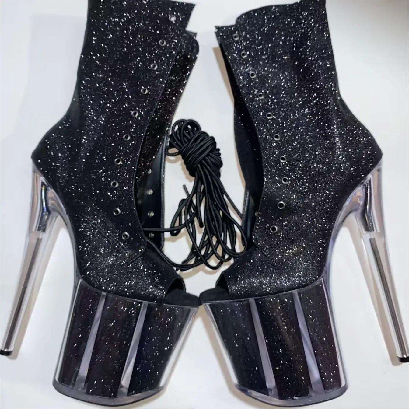 

Black sequined 20cm high heel clear waterproof platform silver pole dancing ankle boots, 8 inch sexy women's boots