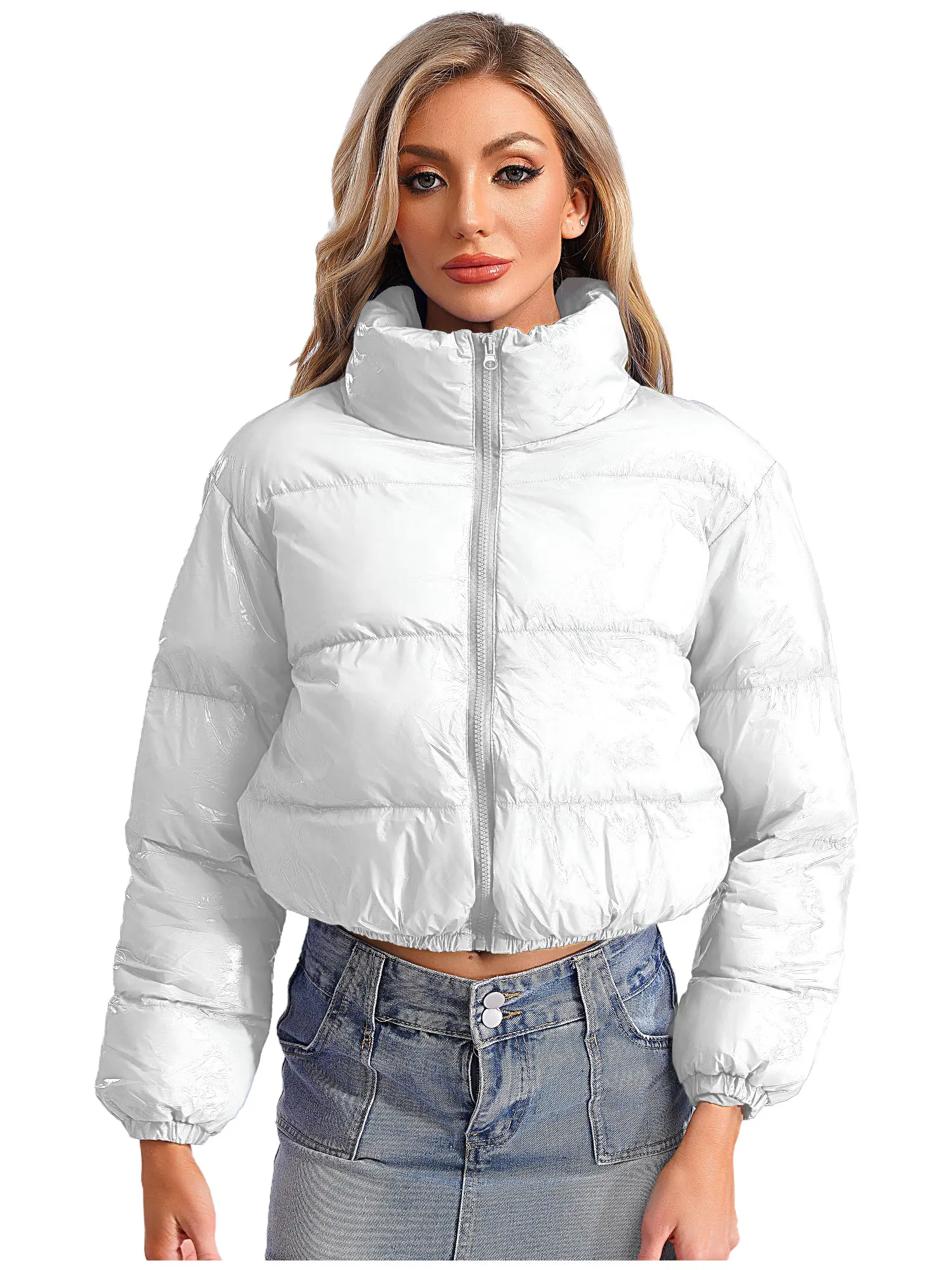 Women's Metallic Glossy Puffy Padded Jacket Quilted Outerwear Coat with Zipper Winter Stand Collar Outdoor Streetwear Women's Metallic Glossy Puffy Padded Jacket Quilted Outerwear Coat with Zipper Winter Stand Collar Outdoor Streetwear