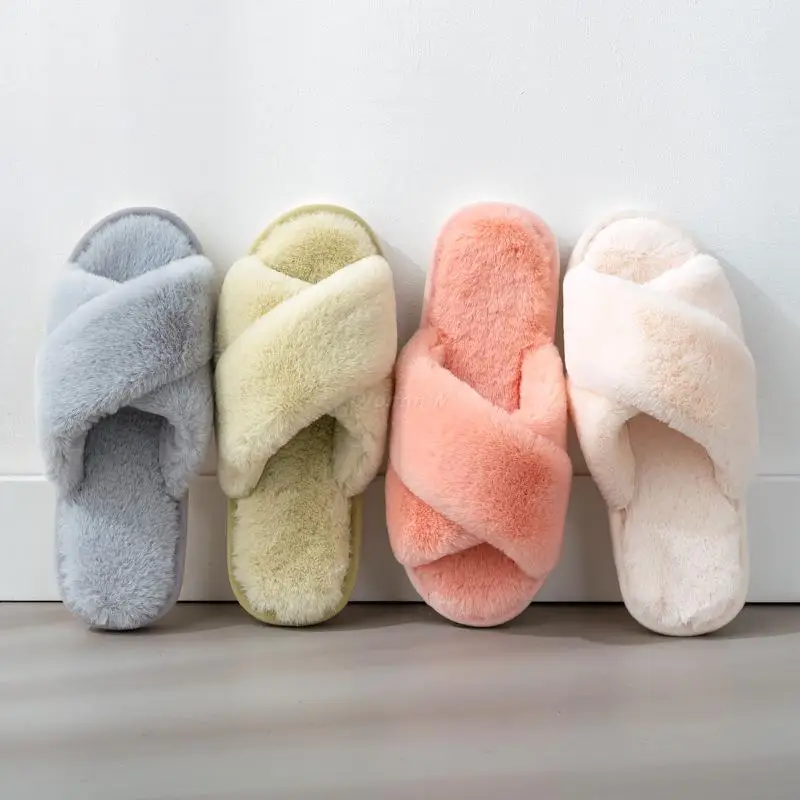 

2022 Women Autumn Winter Fashion Warm Fluffy Slippers Fur Cross Indoor Floor Slides Flat Soft Furry Ladies Female Flip Flops