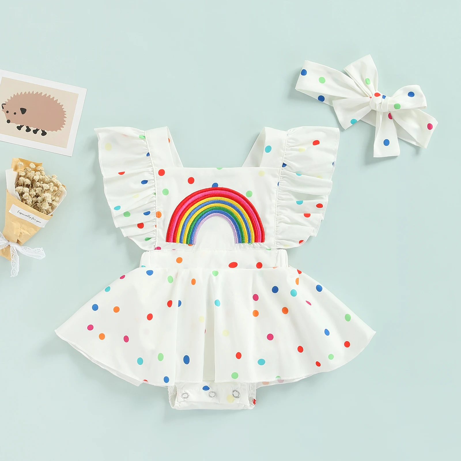 Baby Girls Summer Romper Dress Girls Summer Cute Rainbow Dots Pattern Ruffle Sleeve Cross Back Bodysuit Headband Sets
Baby Girls Summer Romper Dress Girls Summer Cute Rainbow Dots Pattern Ruffle Sleeve Cross Back Bodysuit Headband Sets