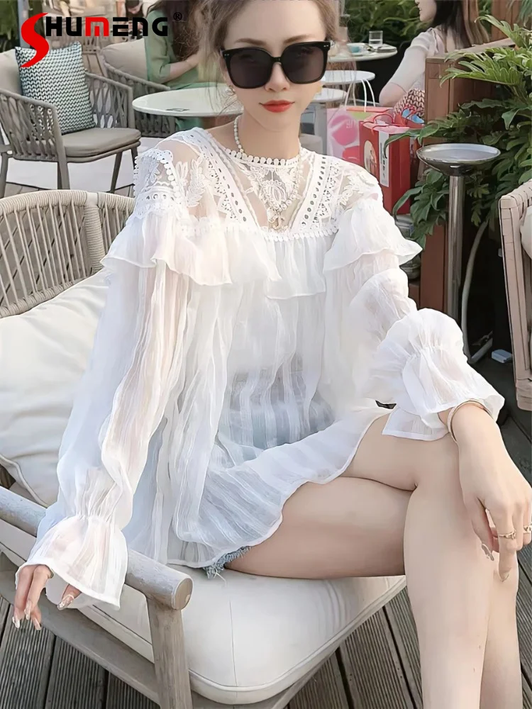 Fairy Lace Slimming Flounce Long Sleeve White Shirt for Women 2023 Spring New Fashion Sun Protection Top Free Suspenders Tops
Fairy Lace Slimming Flounce Long Sleeve White Shirt for Women 2023 Spring New Fashion Sun Protection Top Free Suspenders Tops