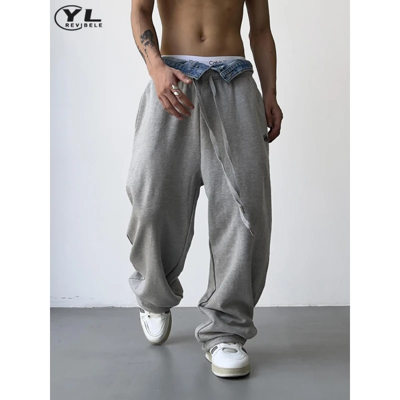 

High Street Sweatpants Men Spring Patchwork Denim Fake Two Pieces Baggy Straight Pants Hip Hop Jogging Casual Wide Leg Trousers