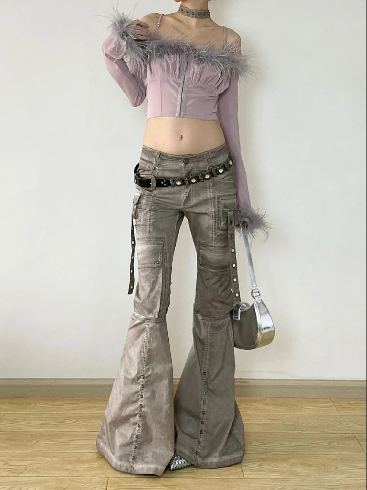 

Women American Vintage Y2K Goth Cyber Punk Kpop Low Rise Flare Denim Pants Jeans Grunge 2000s Gyaru Dark Academia Harajuku Chic