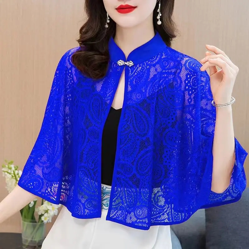 

Ladies Temperament Buttons Solid Color Half Height Collar Batwing Sleeve Tops Summer Fashionable Lace Hollow Out Cape and Shawl