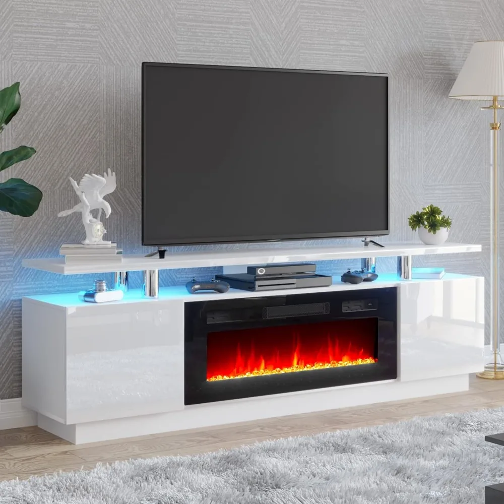 

Fireplace TV Stand with 36" Fireplace, 70" Modern High Gloss Fireplace Entertainment Center LED Lights,